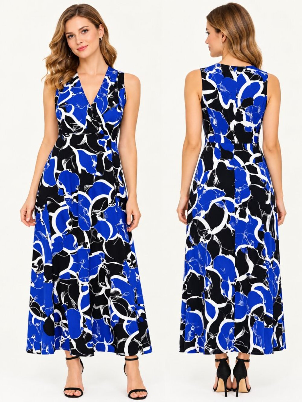 Lauren Ralph Lauren Blue Black White Floral Sleeveless Maxi Dress Size 6